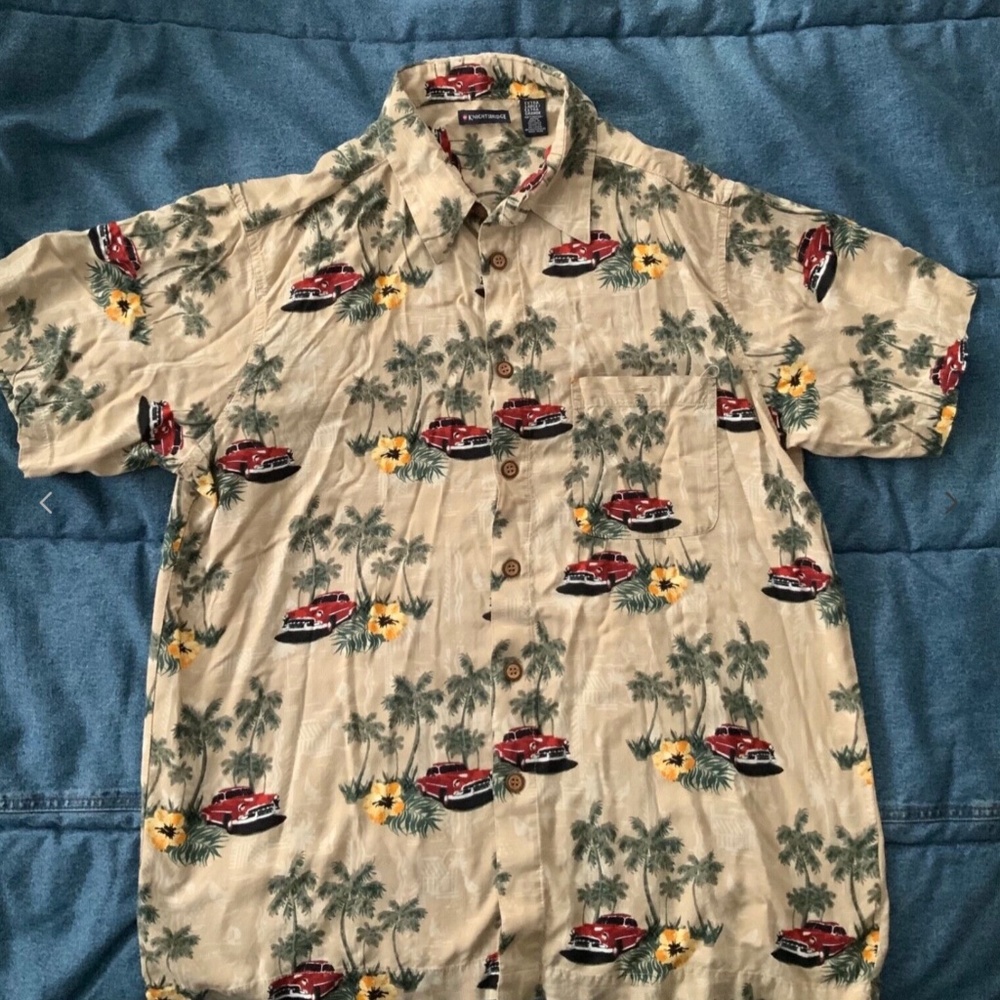 Men Hawaiian Shirt Size XL Classic Cars Red Chevy Rayon Palm Trees Rare